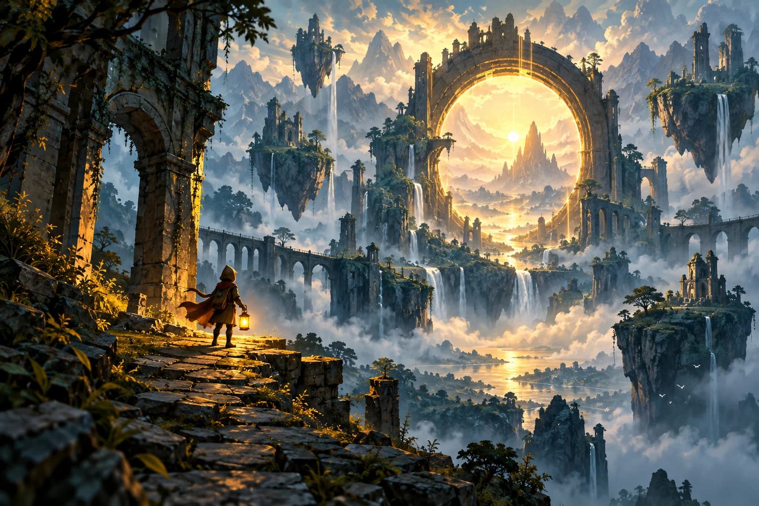 An explorer with a golden lantern discovers a vast glowing gateway among floating islands and ancient ruins.