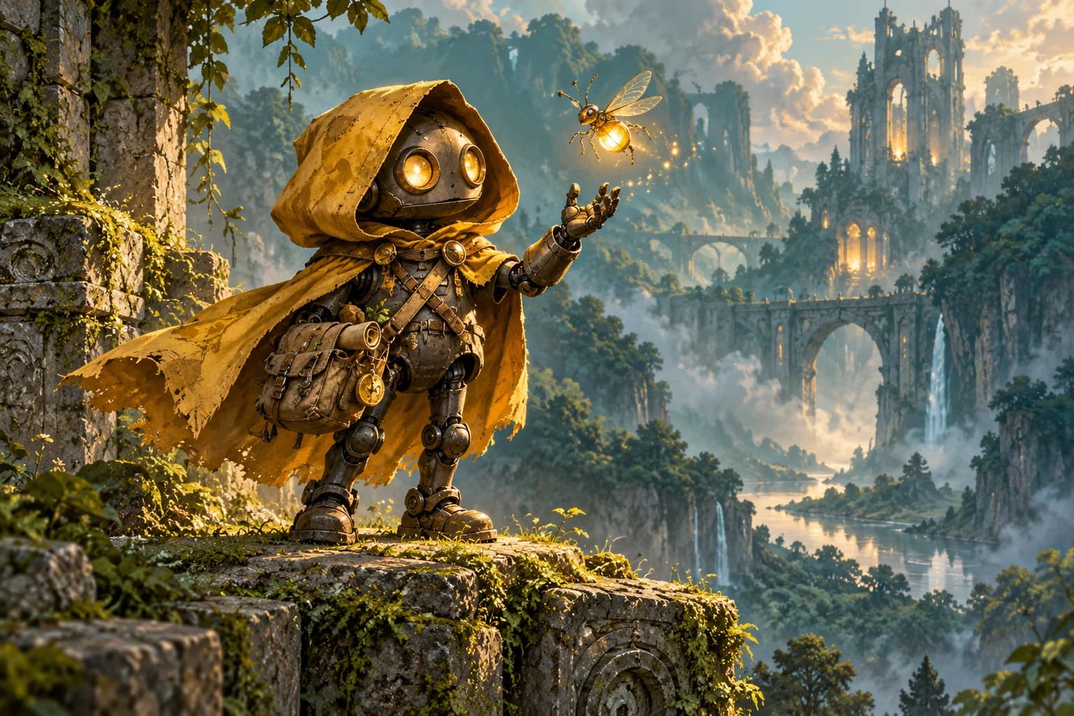 A small automaton in a golden cape befriends a luminous mechanical firefly on a moss-covered stone ledge.